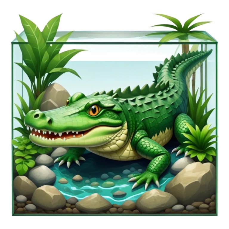 Crocodile resting in a large square terrarium, surrounded by rocks, water, and tropical plants. The green scales of the crocodile glisten under the light, with its sharp eyes focused ahead. The background features a naturalistic habitat with plants and water, giving it a lifelike feel. sticker