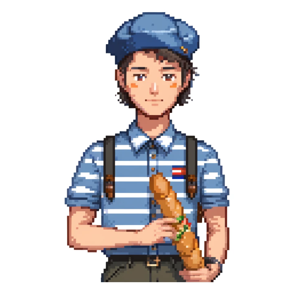French man with blue and white striped shirt, black beret, holding a baguette sticker