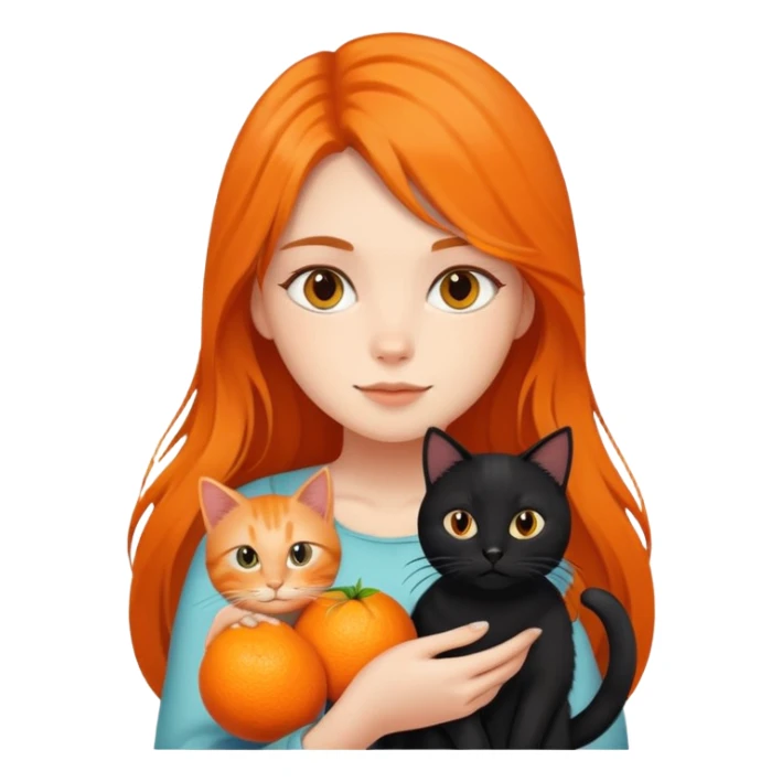 A long-haired girl holding a black cat and an orange cat sticker