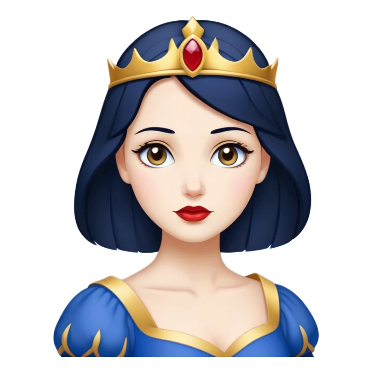 Cinematic Timeless Snow White Portrait Emoji, rendered in a clean, vector style. Depict Snow White with flawless porcelain skin, elegantly styled raven hair, and a serene, graceful expression, dressed in her classic blue and gold ensemble. The design features bold, simplified shapes, a soft, enchanting glow, and a subtle glowing outline, epitomizing pure, timeless beauty. sticker