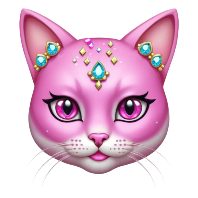 glamorous cat portrait, head and shoulders only, exaggerated pink makeup, bright eyeshadow, long eyelashes, shiny blush cheeks, sparkling face gems, glitter accents, elegant earrings, fantasy beauty style, cute 3D cartoon, mobile game icon style, clean background, no text, no watermark
 sticker