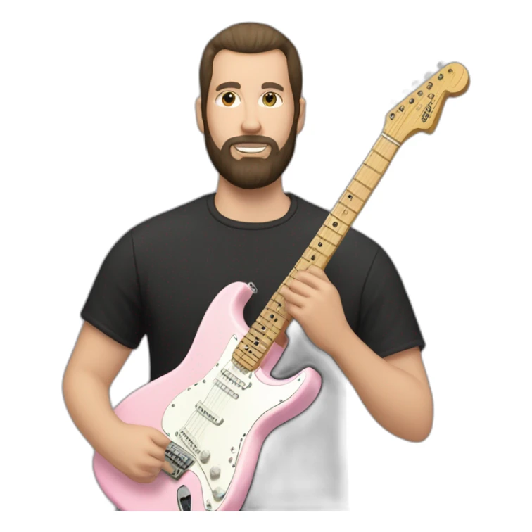 white man with dark beard and black t shirt and pastel pink stratocaster electric guitar sticker