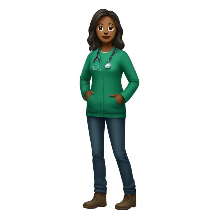 Doctor woman wearing green sweatshirt, dark jeans and UGGs sticker