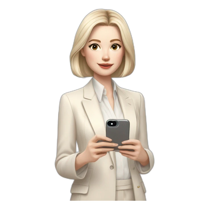 pale skin woman with ash blonde Straightened bob Hair, White Spacious classical jacket, beige palazzo Arrow pants and gray blouse holding white IPhone 15 pro in the hands sticker