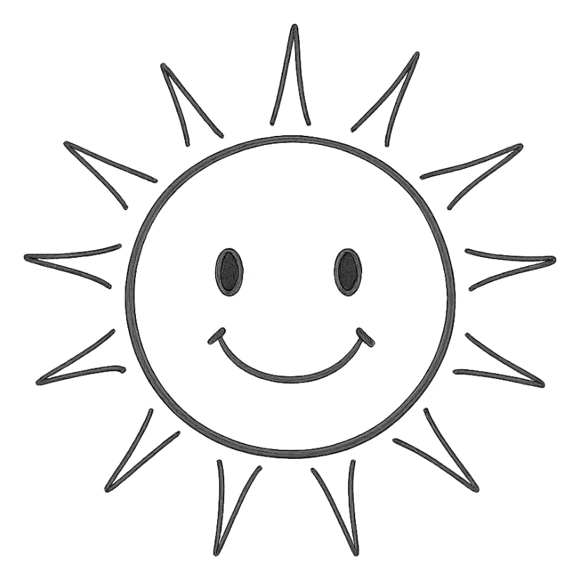 A sun with a friendly expression, in the style of a hand-drawn icon with no fill sticker