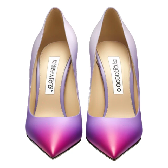 Hyper Realistic isolated top front view of a pair of matte Jimmy Choo pastel lavender,hot pink,royal purple and magenta ombre stiletto high heel shoes. sticker
