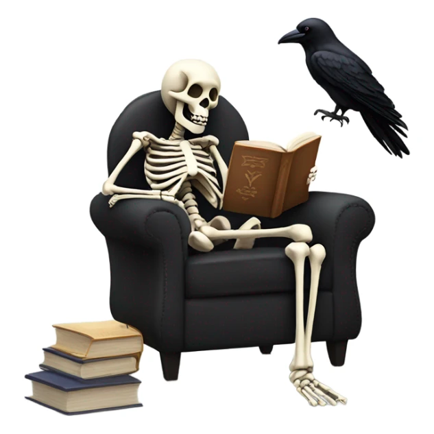 Skeleton reading a book  while sitting on fluffy chair and a raven sticker