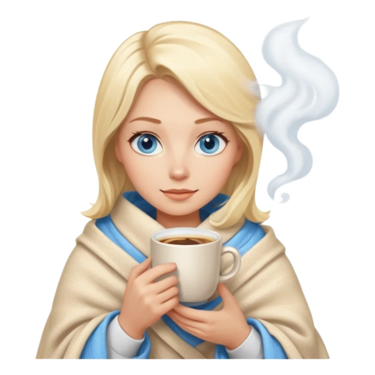 Blonde with blue eyes wrapped up in a cozy blanket with a hot coffee sticker