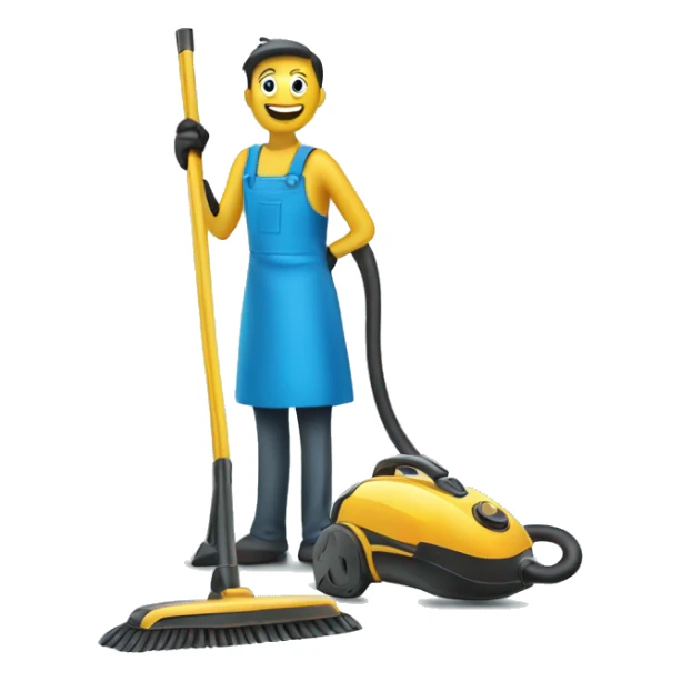 broom and vacuum cleaner, set against a blue background of a home cleaning session sticker