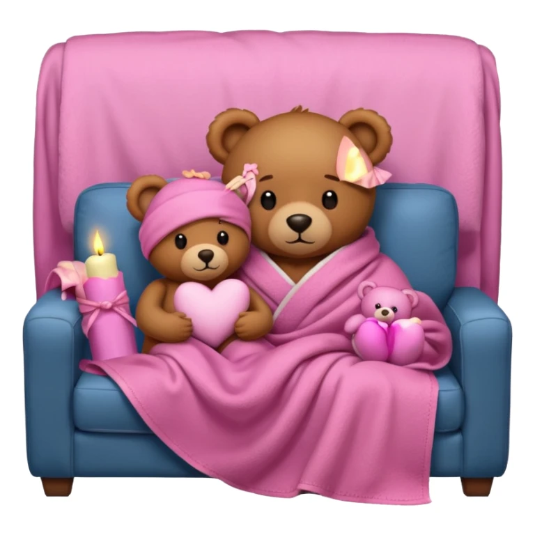 Brown teddy bear cuddling with a pink teddy bear wrapped in a blanket watching tv on couch with candles next to them sticker