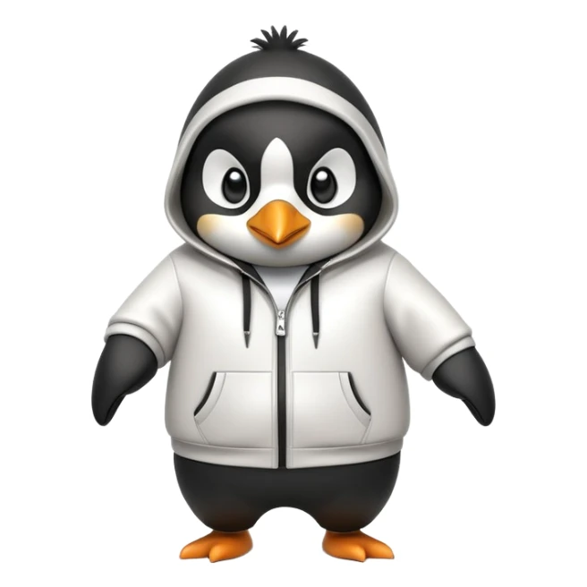 friendly anthropomorphised penguin wearing a mafia-style tracksuit, secretive scheming pose, soprano vibe, angry expression, walking quickly with a brisk purposeful stride, holding a knuckle duster sticker