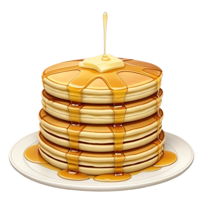 Cinematic fluffy golden pancakes, stacked high, drizzled with maple syrup, topped with fresh butter melting on top, light dusting of powdered sugar, warm and inviting, soft glow and mouthwatering. sticker