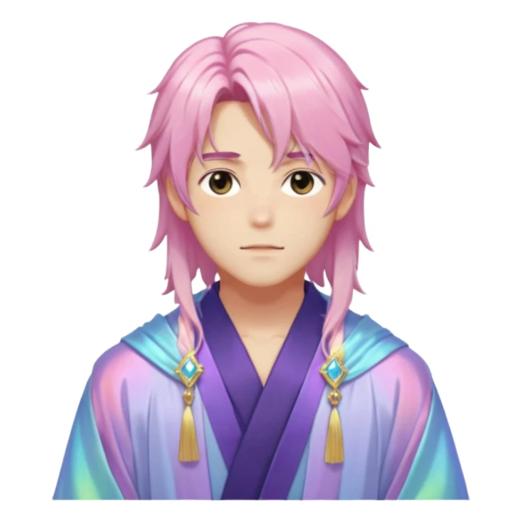 Beautiful gorgeous romantic blushing youthful handsome anime guy with beautiful iridescent-pastel-special-gently-tousled-medium-long-hair, fashion aesthetic, ethereal, fairycore, pastelcore, layered robes, accessories, jewelries, colorful, shiny, trending style, outside sticker