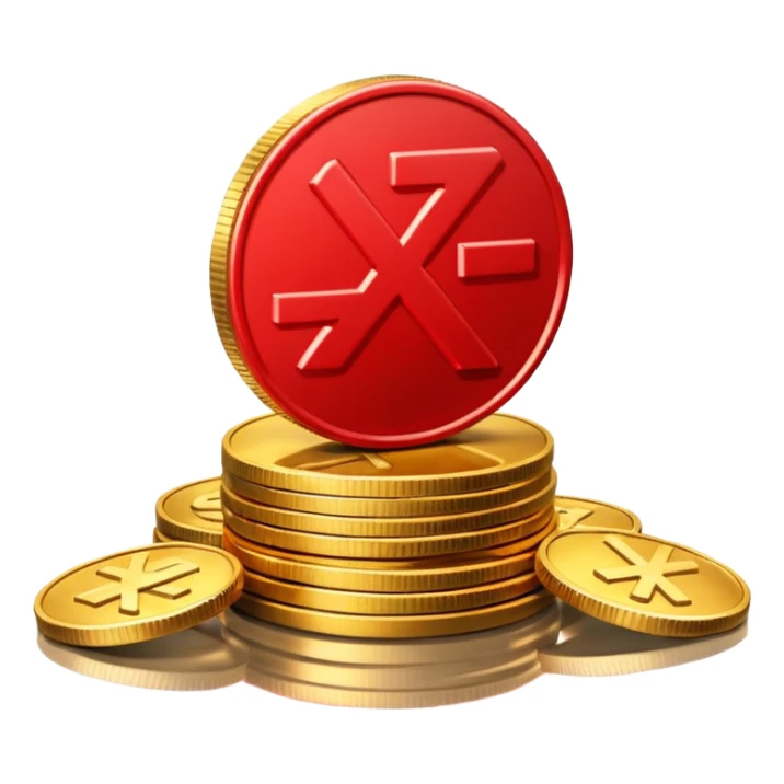 Apple emoji style, glossy 3D icon a red prohibition symbol (🚫) over a stack of shiny golden coins. The coins have soft reflections, rounded edges, and a small red X embossed on the top coin sticker
