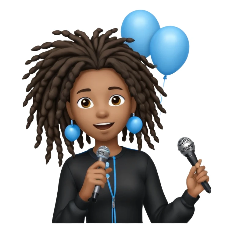 Black girl Stud with dreadlocks singing dressed in black 1,2,3 release em with white and blue balloons flying overhead emoji like with mic in hand  sticker