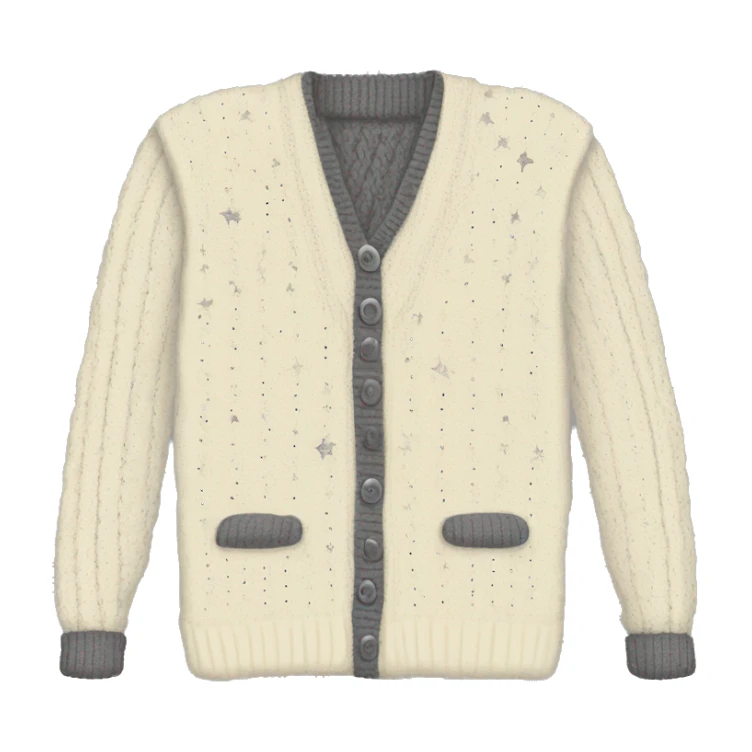 a cream cable knit sweater with a thin dark gray stripe lining the inside near the buttons and the  bottom edge of the cardigan and the sleeves and silver stars on the elbows of sleeves with  sticker
