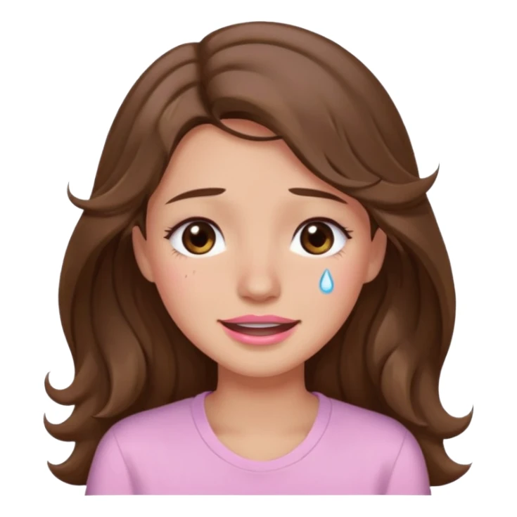 girl with wavy long brown hair, brown eyes, light to medium complexion, long lashes, light pink lipstick, wearing light pink shirt, smiling, crying  sticker
