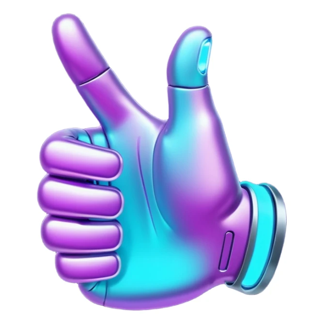 futuristic glowing thumbs up, neon purple and cyan light, dark background, digital tech style sticker
