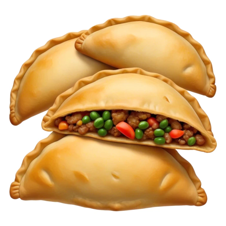 Cinematic Realistic Empanadas Dish Emoji, showcasing crispy fried turnovers filled with spiced meat and vegetables rendered with rich textures and dynamic, appetizing lighting. sticker