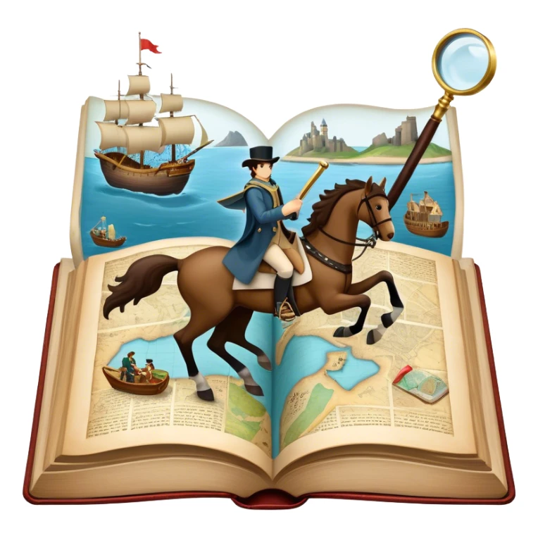 Collage for Reading Fiction: large open book with pages turning into with musketeers on horseback, Sherlock Holmes with a magnifying glass standing nearby, treasure island map. The icon should evoke the adventure and romance of exploring fictional worlds. Transparent background sticker