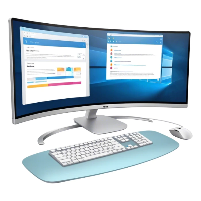 Create an emoji for UX/UI design. Show  large curved monitor displaying windows with UX/UI design interface. Include a mouse, keyboard, and stylus next to the screens. Use modern, professional colors. Do not include any emojis or smiley faces. Make the background transparent. sticker