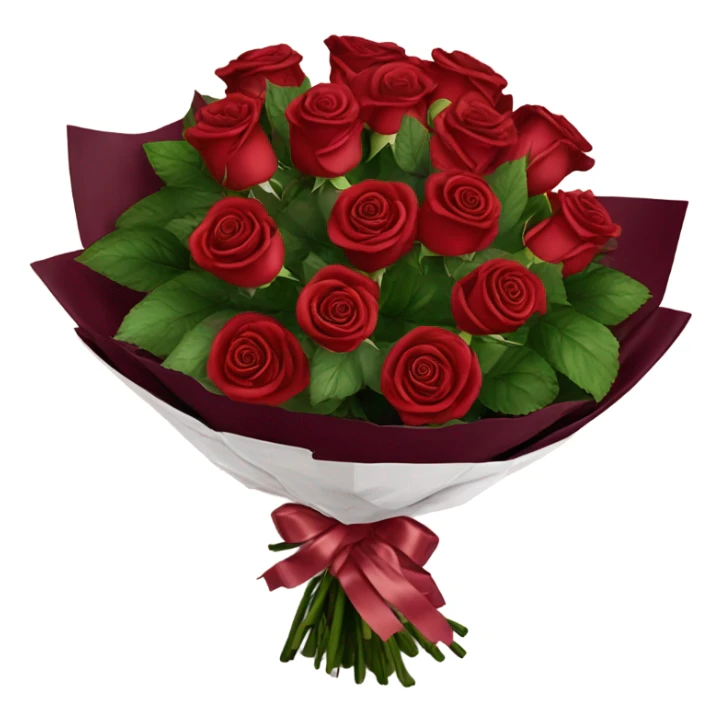 Bouquet of red roses in a burgundy package sticker