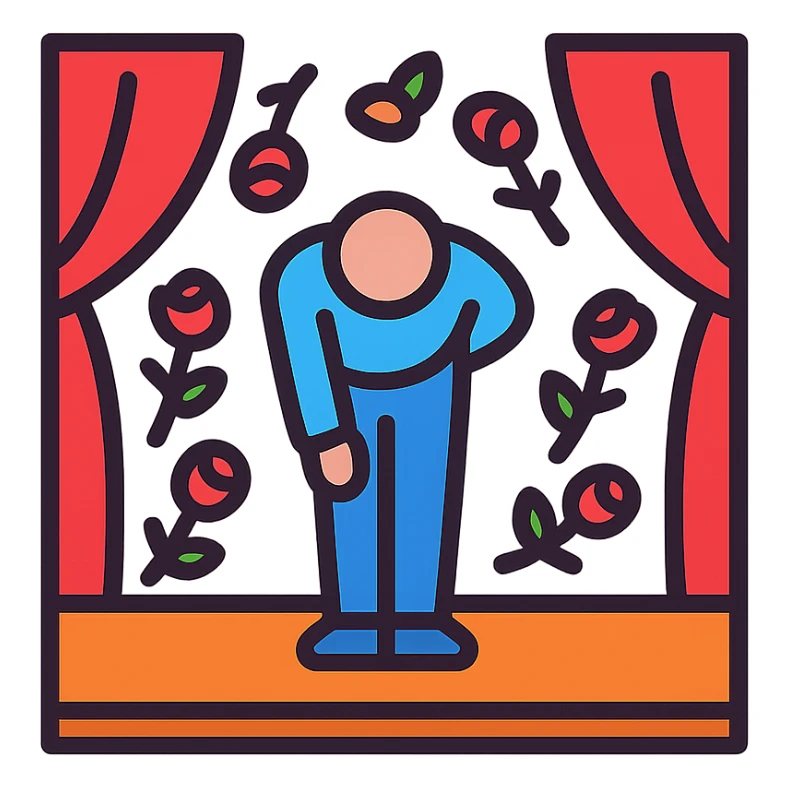 a person on stage bowing, surrounded by roses thrown by fans, clean modern icon style sticker