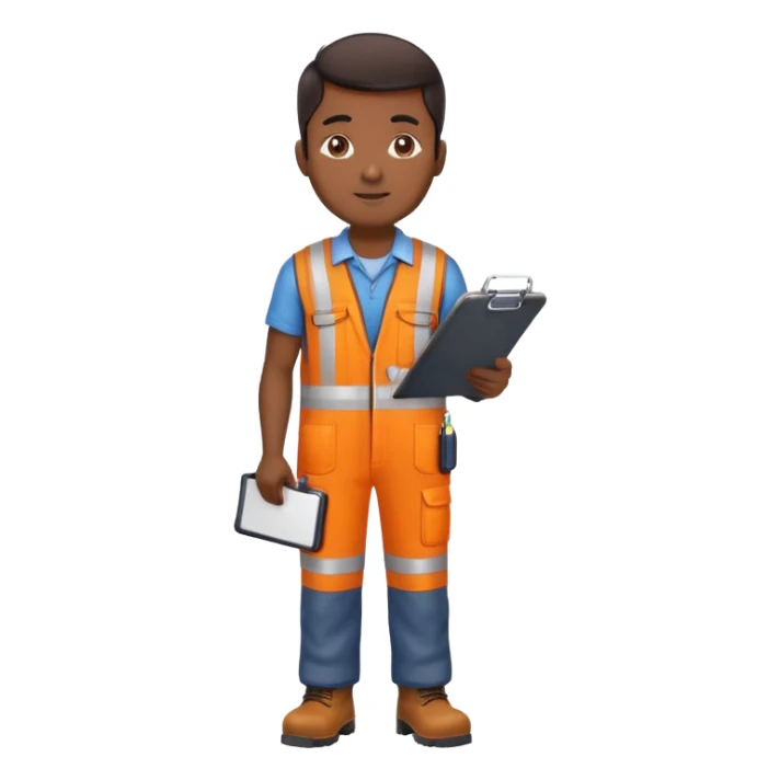 Indian male railway engineer orange overalls, boots holding a clipboard sticker