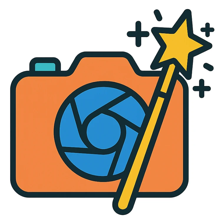 logo for photo restoration featuring a camera lens and a magic wand, clean and modern style sticker