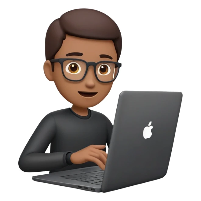 A dark-colored laptop with the screen open. From the screen, a person is emerging, giving a lecture or teaching. The person should look expressive and in a teaching pose. Soft shadows, semi-3D emoji style, clean background. sticker