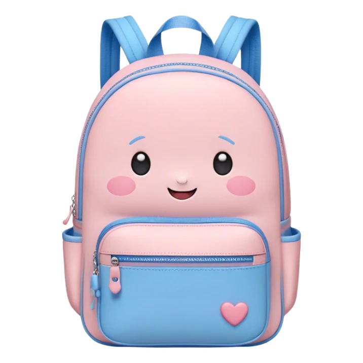 Cute Kawaii Backpack, round and chubby, soft pastel pink and blue, tiny heart-shaped zippers, blushing cheeks, a tiny smiling face, a happy school-time companion! sticker