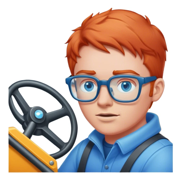 a light red headed person, pale with blue eyes and glasses driving a snowplow sticker
