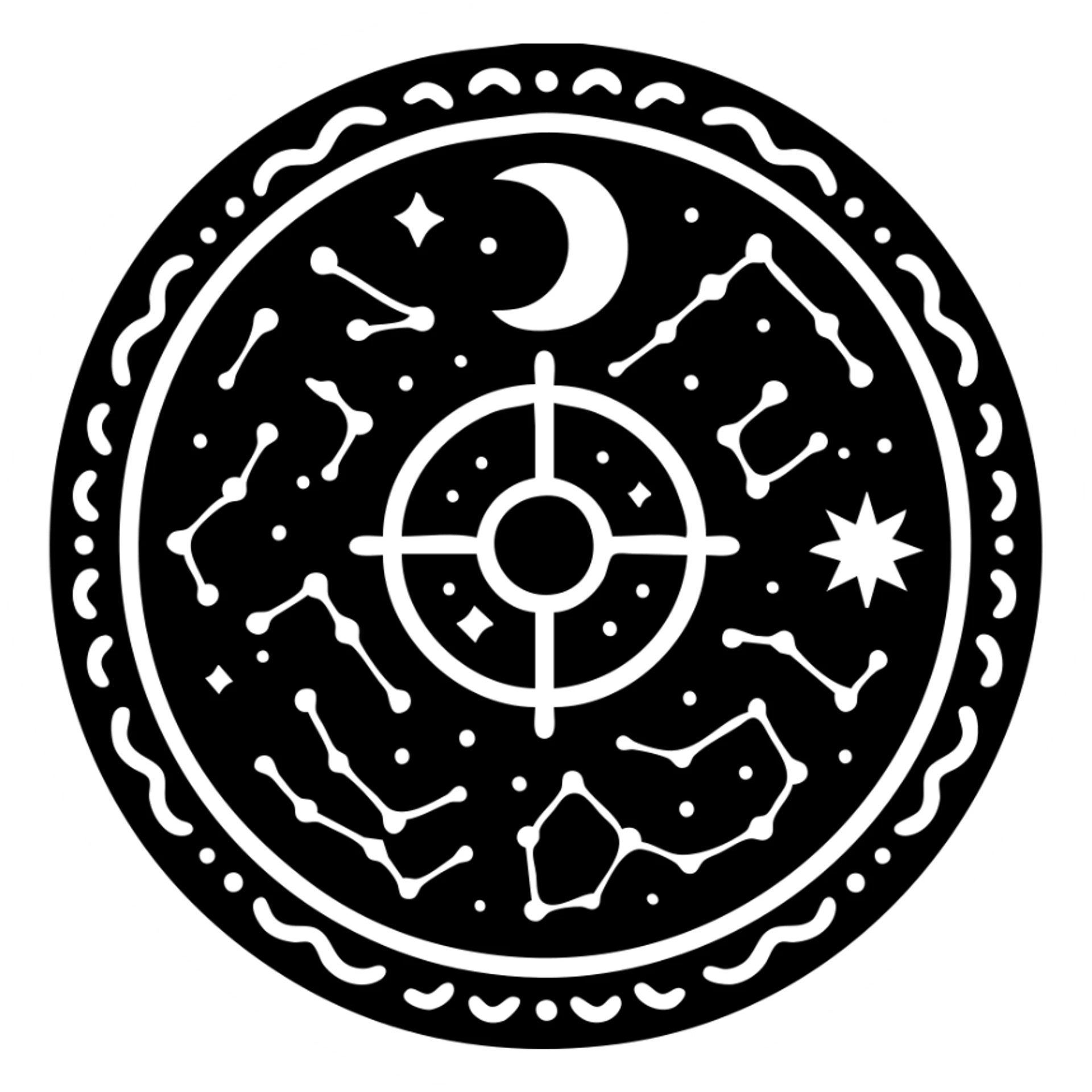 vintage astrology natal chart icon with intricate celestial symbols, mystical, ornate, zodiac constellations, solid black sticker