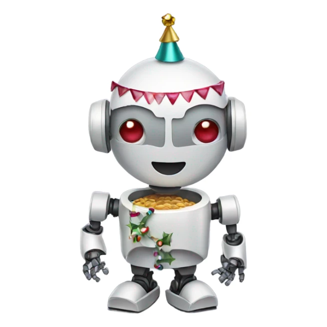 a robot holding a festive emoji sticker