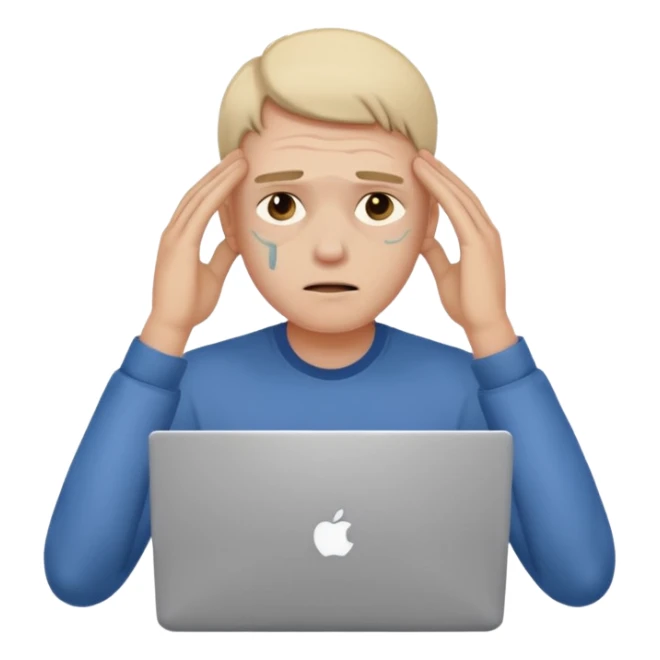 programmer holding his head, bruises under his eyes, with a laptop sticker