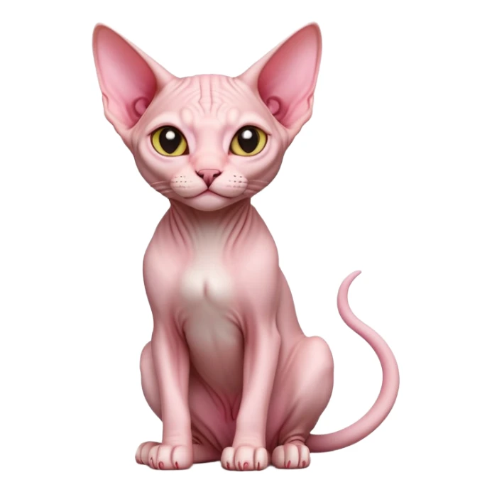 cinematic-[sphynx cat]-realistic-full-body-sitting-emoji,-tail-curled-playfully-around-its-paws,-head-tilted-dramatically,-sleek-[pink]-skin,-simplified-yet-realistic-focused-features,-highly-detailed,-glowing-with-an-almost-sarcastic-glow sticker