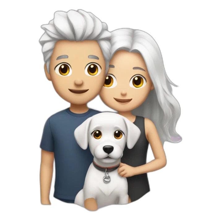 Girl and boy with white hair both together with a dog sticker