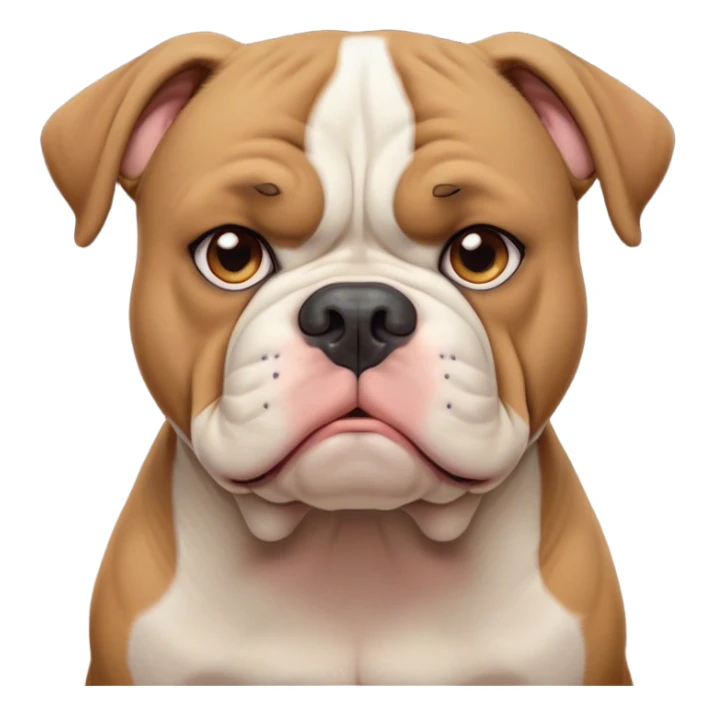 Cinematic Meme-Worthy Grumpy Solid Tan American Bulldog Portrait Emoji, Head held high but eyes filled with dramatic disappointment, smooth tan fur with a furrowed brow forming an unmistakable scowl, floppy ears slightly angled back in disapproval, piercing brown eyes glaring with pure exasperation, Simplified yet hilariously over-exaggerated features, highly detailed, glowing with an aura of supreme annoyance, high shine, exhausted yet judgmental, stylized with an almost regal pettiness, bright but brooding, soft glowing outline, capturing the essence of a pup that has seen it all and is thoroughly unimpressed, so meme-worthy it feels like it could instantly become the next viral sensation of grumpiness! sticker