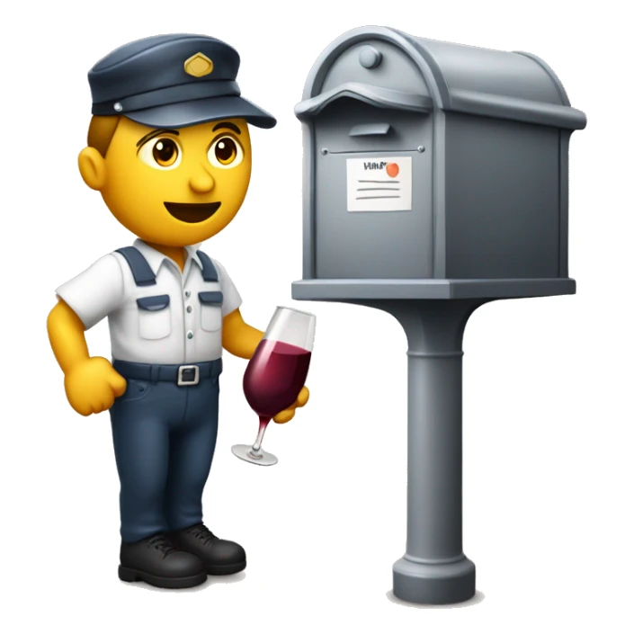 Drunken postman leaning against mailbox with wine decanter sticker