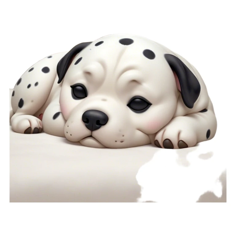 Cinematic Chubby Sleeping Dalmatian Portrait Emoji, Chubby and serene, with a round, plump build and a glossy white coat adorned with distinctive black spots, eyes gently closed in peaceful slumber, Simplified yet irresistibly endearing features, highly detailed, glowing with a gentle, dreamy glow, high shine, relaxed and content, stylized with a touch of whimsy, bright and heartwarming, soft glowing outline, capturing the essence of a blissfully sleepy companion, so comically serene it feels like it could roll out of the screen and snore with adorable charm! sticker