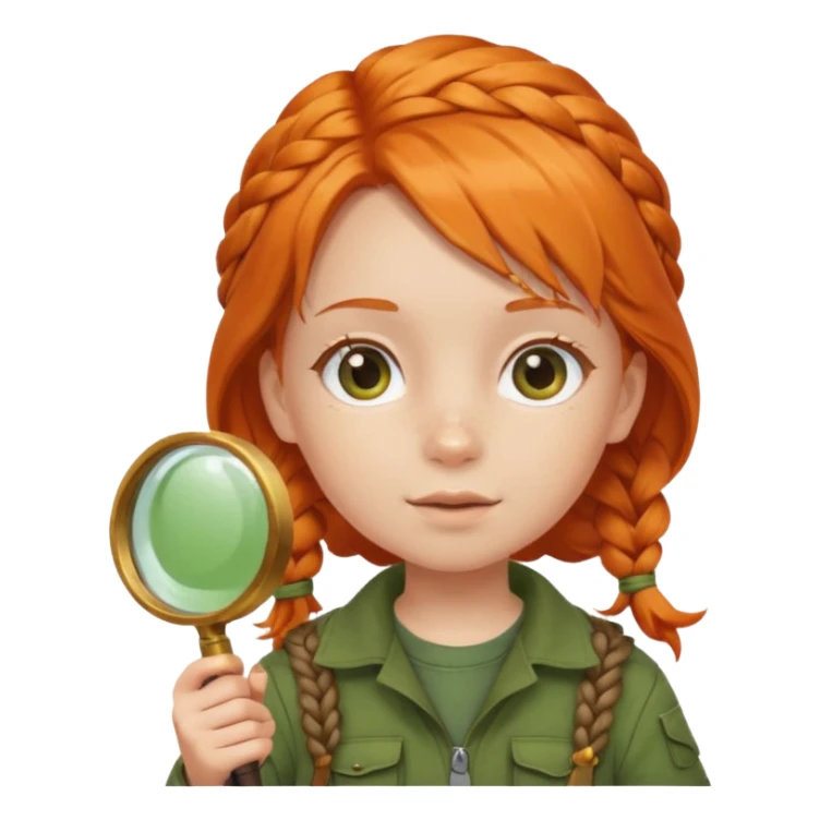 braid orange haired girl kid in moss green explorer outfit, holding magnifying glass sticker