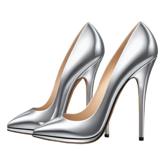 A pair of high heel shoes emoji made of polished silver chrome, elegant sharp silhouette, smooth metallic surface, glossy reflections, luxury sexy vibe, minimalistic iOS emoji style, centered, clean white background sticker