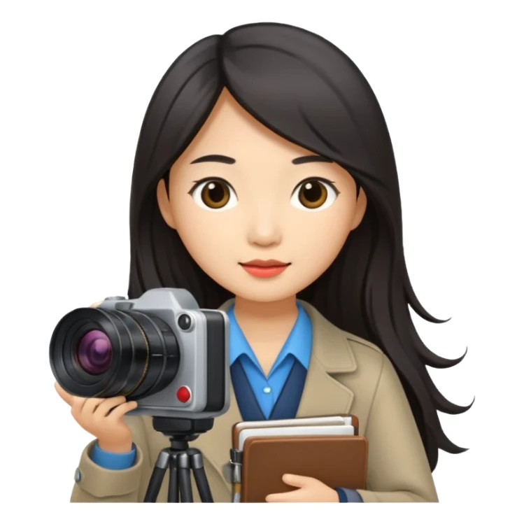 journalist asian woman long hair holding camera and notebook sticker