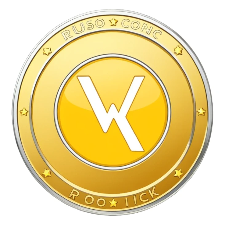 create a yellow coin with logo wajik in the middle and text rusoconnect network around the logo sticker
