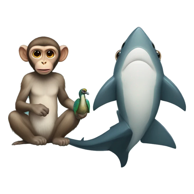 A macaque with a shark's head and a peacock's tail sticker