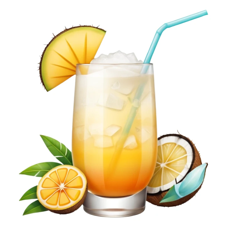 A beautiful cocktail with a creamy white to orange gradient, containing coconut juice and mango, reminiscent of summer. Above, there are tropical flowers, lemon slices, and a straws. sticker
