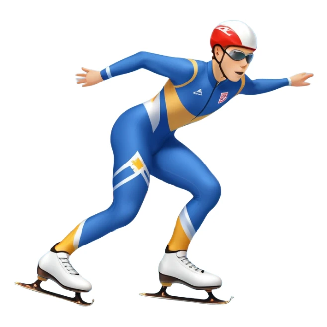 An icon showing a speed skater gliding on a professional oval ice track, captured in mid-motion with aerodynamic posture and sleek skates. The background features snowy mountains, flags, and a clear blue sky. Transparent background reflects the speed and elegance of the sport. sticker