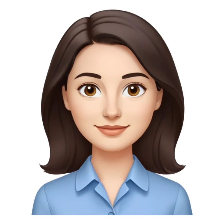 Professional woman in her 30s with light complexion, oval face, gentle features, large dark brown eyes, well-formed medium eyebrows, small nose, warm friendly smile, long slightly wavy dark brown hair with soft volume, wearing a light blue dress shirt sticker