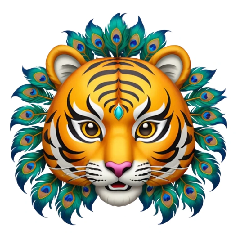 Create an animation emoji of the Ponorogo Reyog from East Java, namely the tiger mask with the peacock dance, which is a typical Ponorogo dance. Above and behind the tiger's head is a peacock's head spreading its tail.  sticker