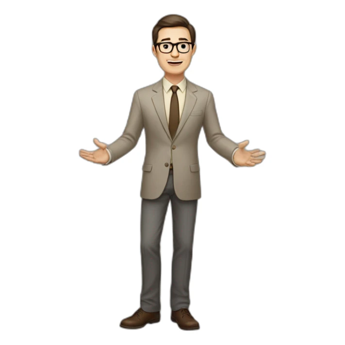 Full height Actively gesturing with hands Pale skinned fit man with dark brown hair in gray jacket, beige office shirt, brown tie, brown pants and vintage glasses. sticker